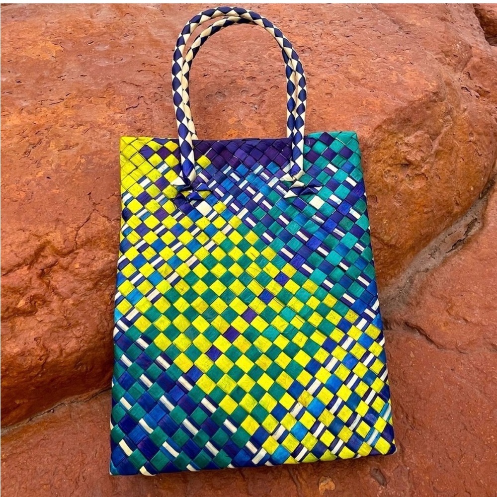 3 Hand Woven Mini Tote Bags Handwoven Wicker Boho Mini Market Lunch Bag - Picture 4 of 4